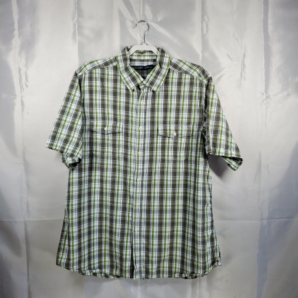 Faded Glory Button Up Short Sleeve Plaid Casual Shirt Green White Men Sz XL